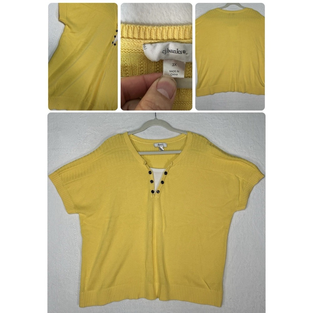 CJ Banks 3X Knit Top Yellow 100% Cotton Henley Short‎ Sleeve Coastal Grandmother